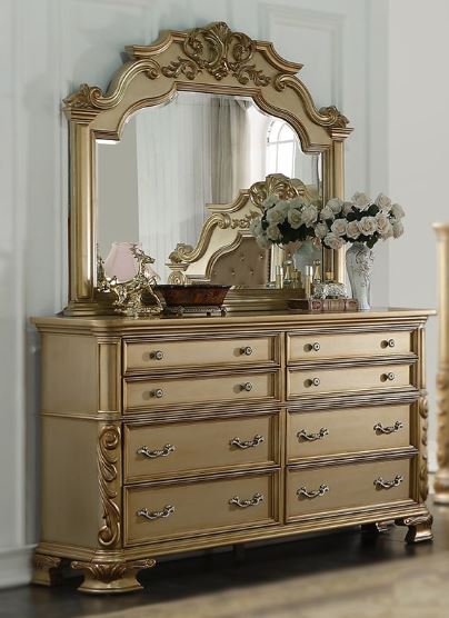 golden dresser and mirror