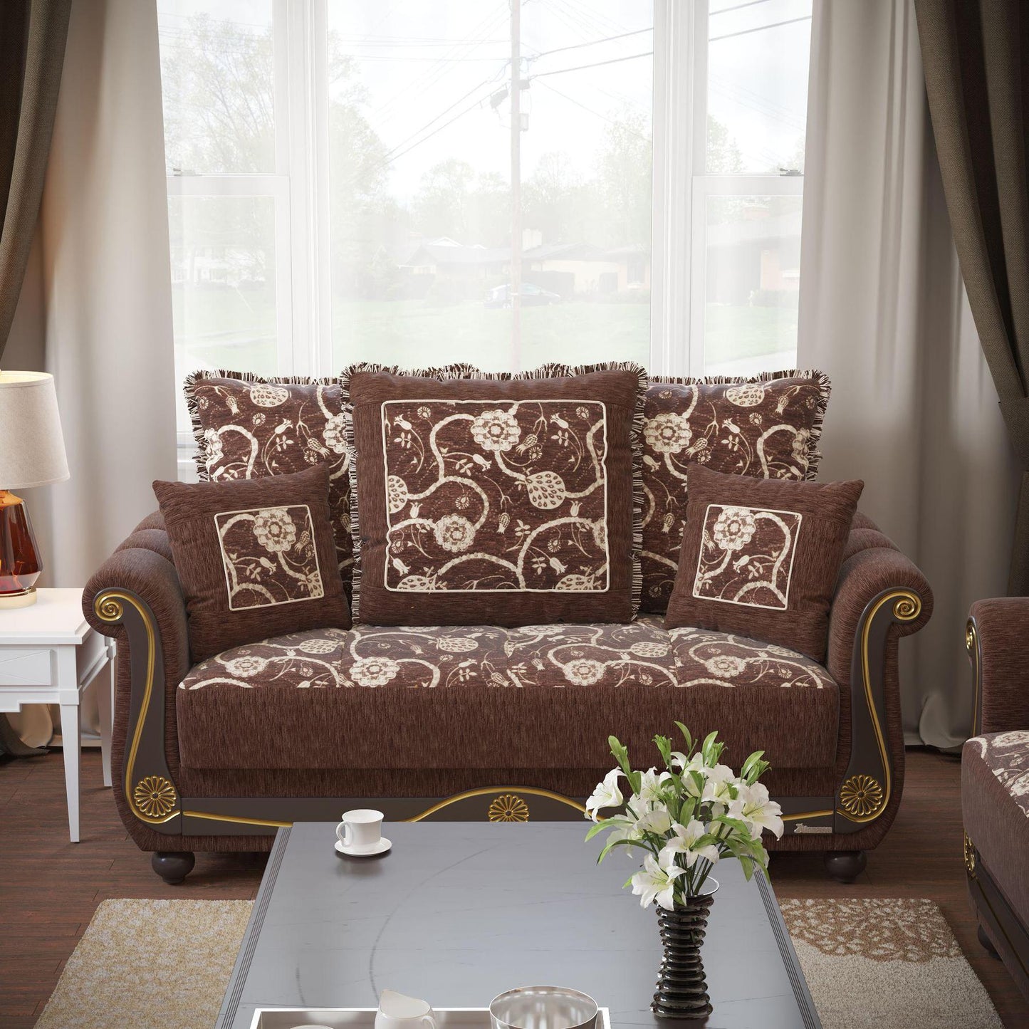brown fabric love seat