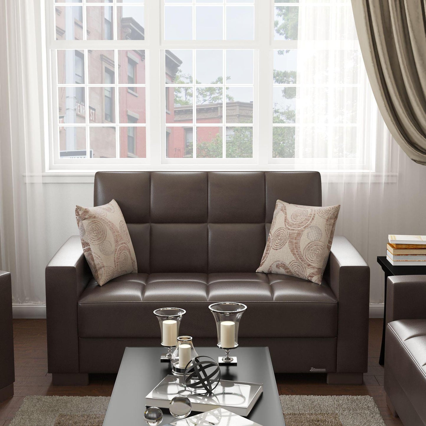 brown leather love seat