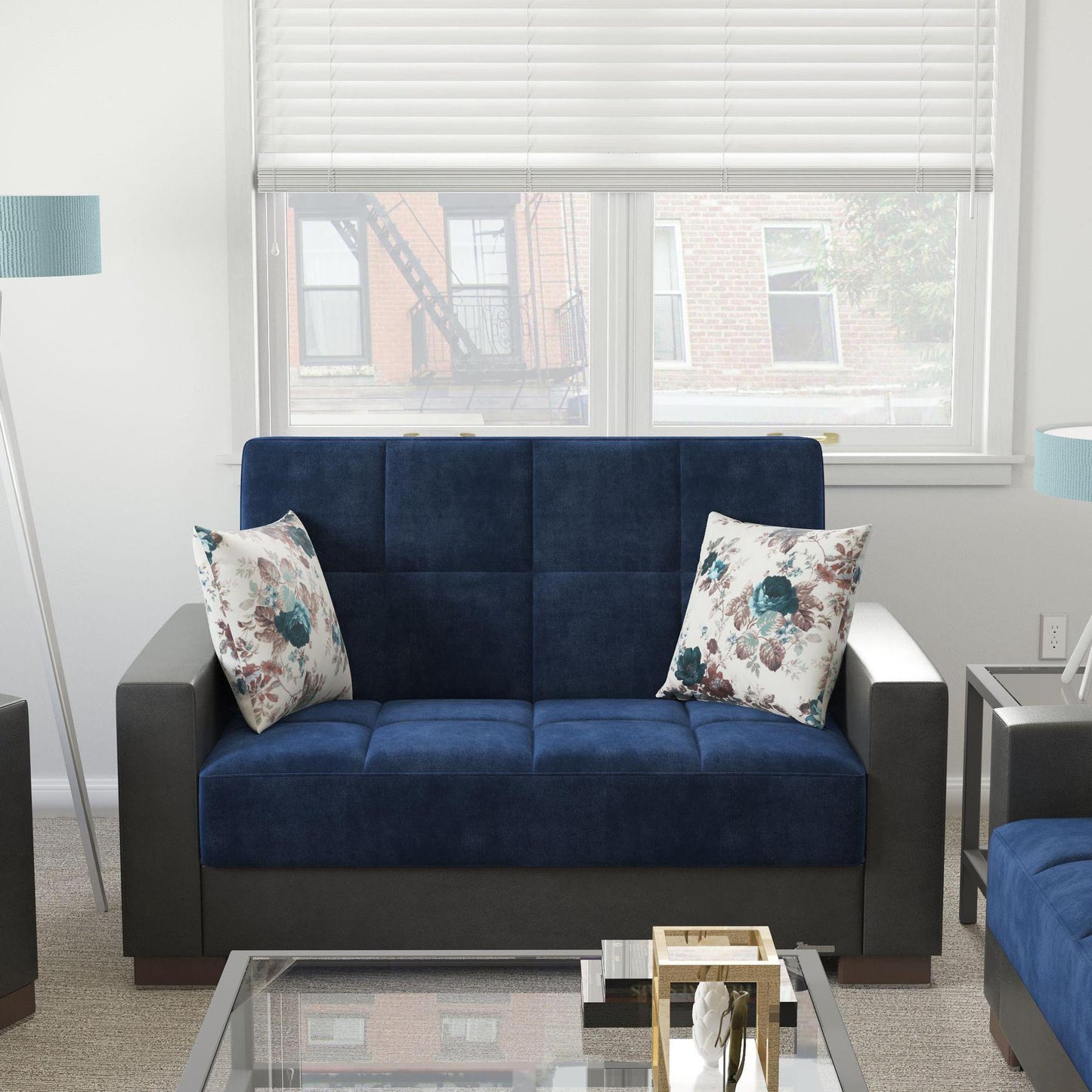 blue fabric love seat