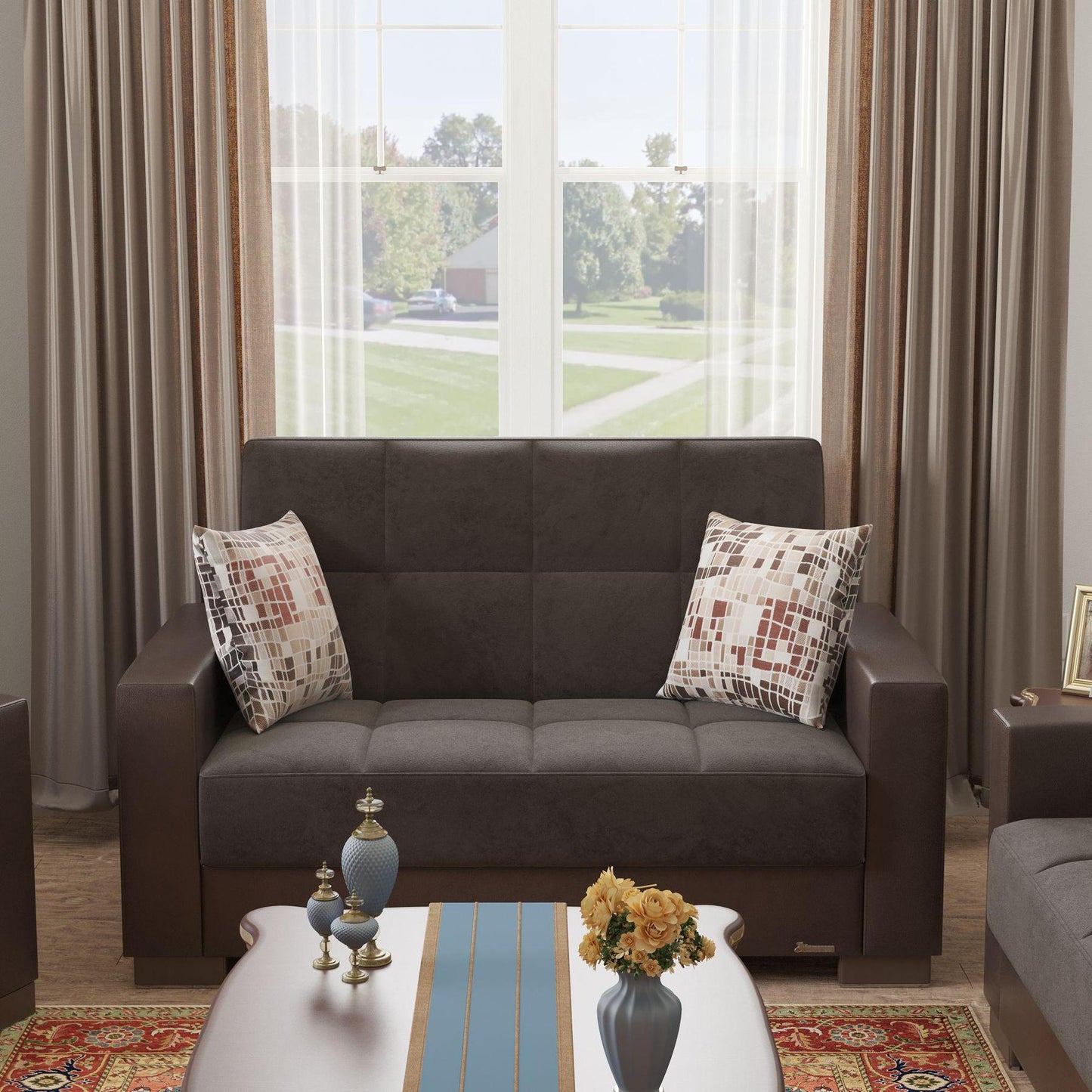 brown fabric love seat