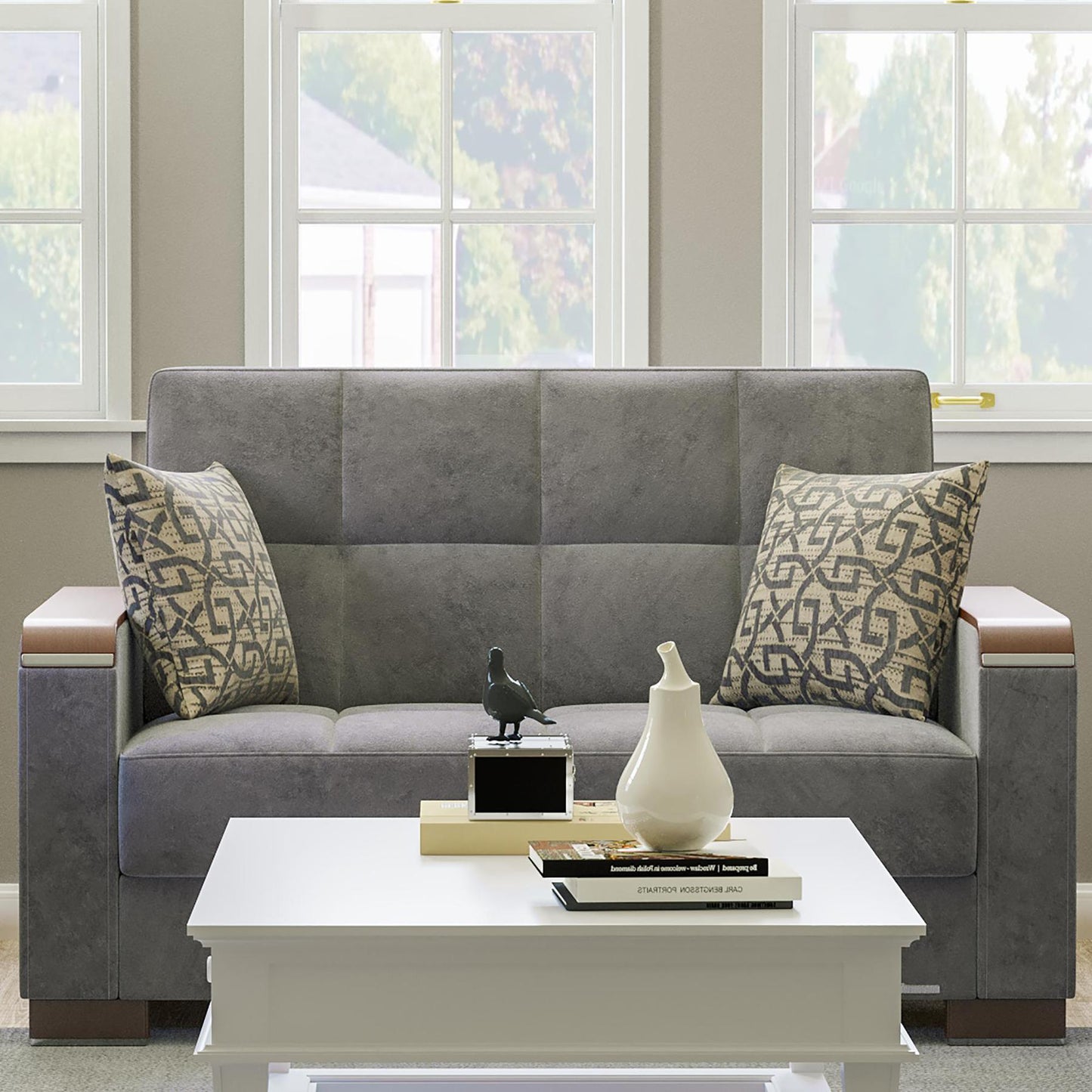 grey fabric love seat