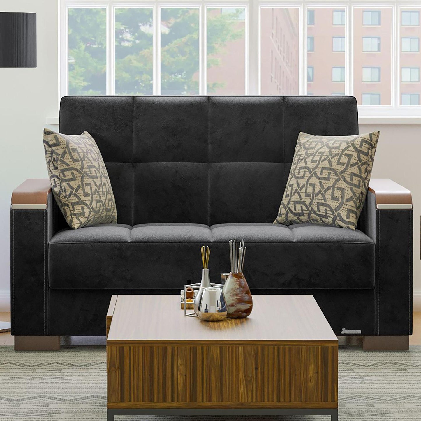 black fabric love seat