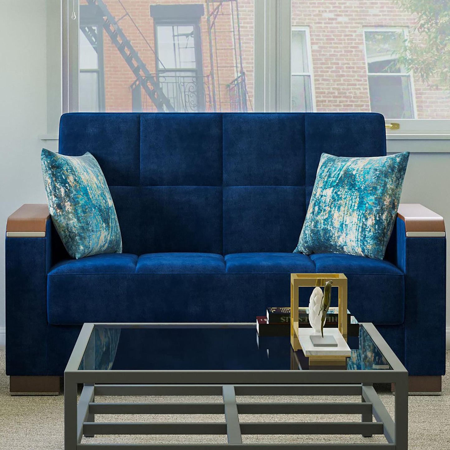 blue fabric love seat