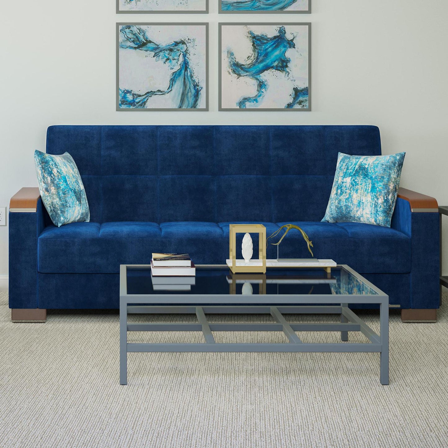 blue fabric sofa