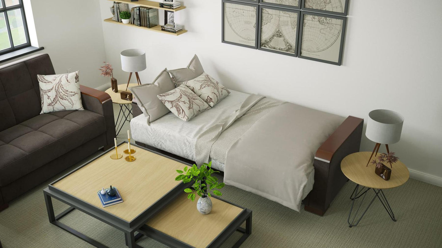 brown fabric sofa bed