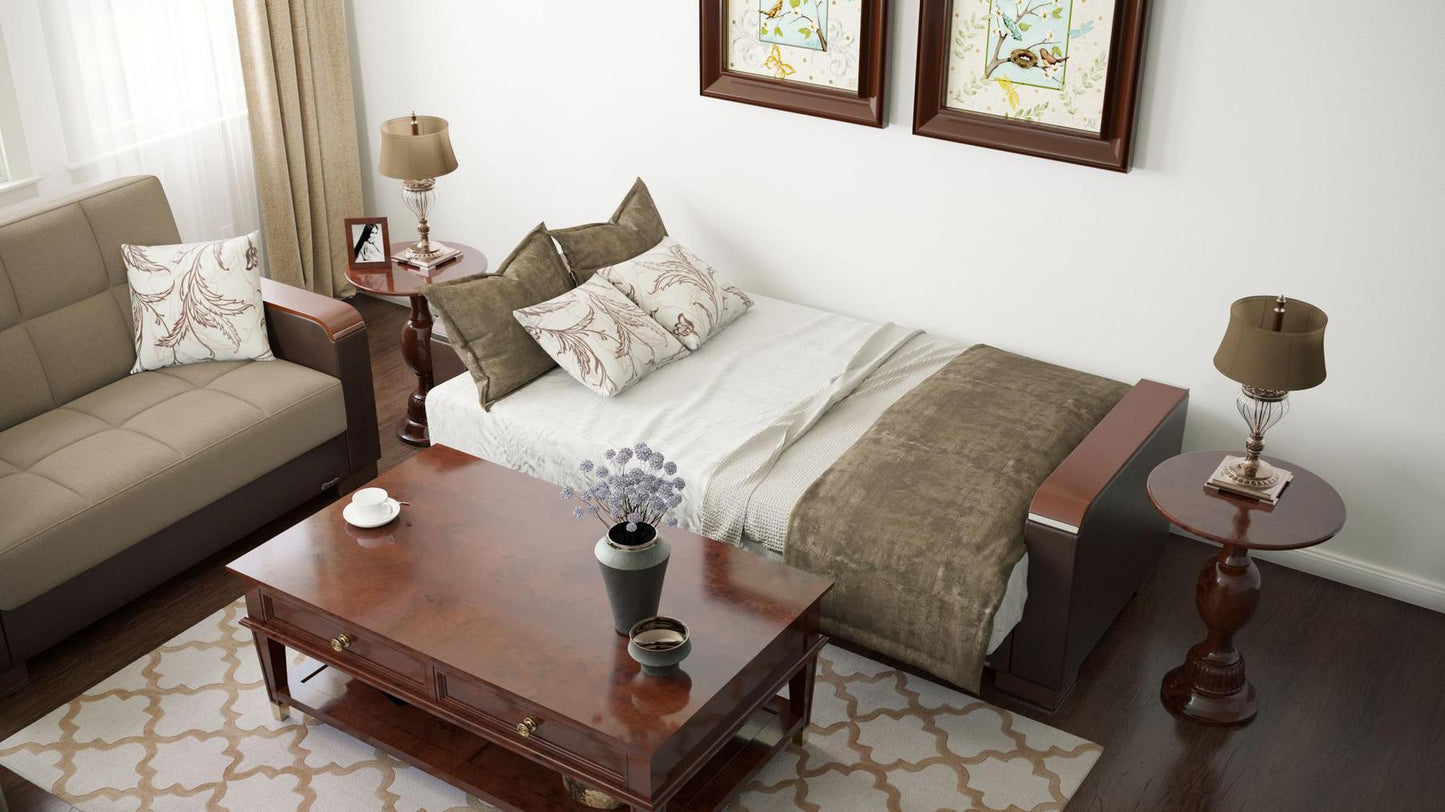 brown fabric sofa bed