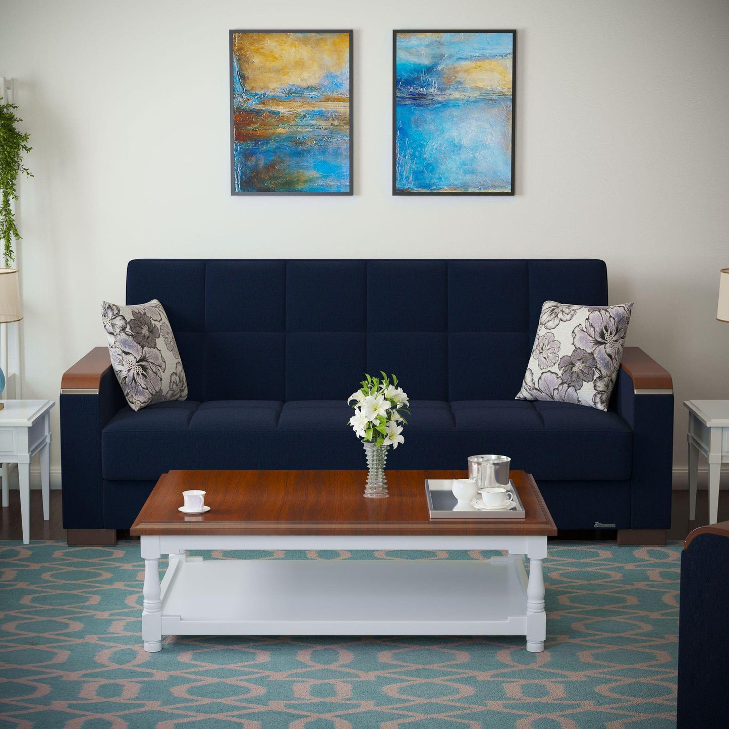 blue fabric sofa