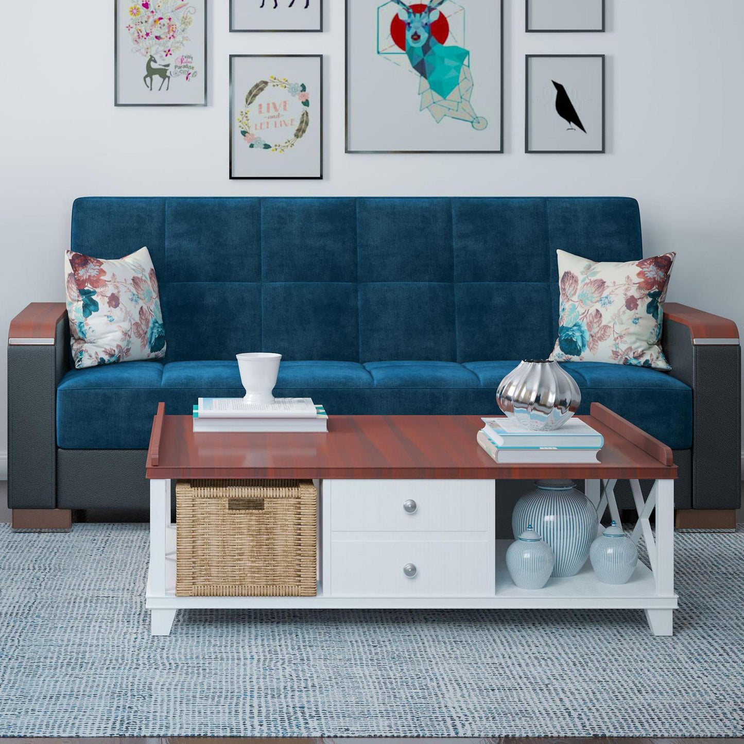 blue fabric sofa
