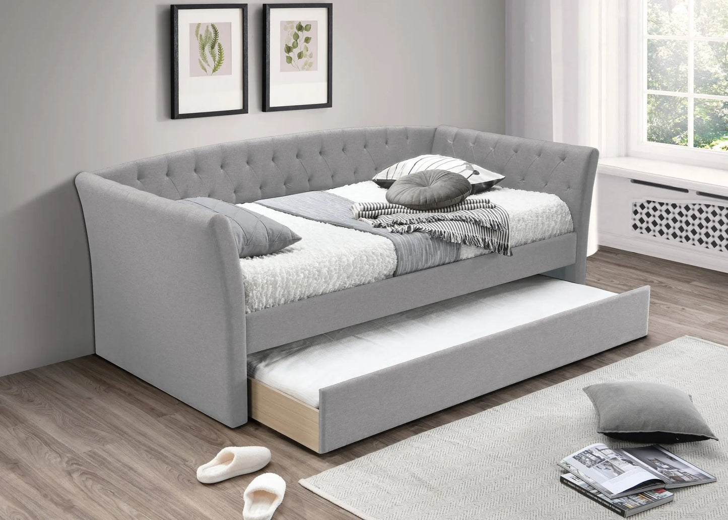 grey fabric day bed