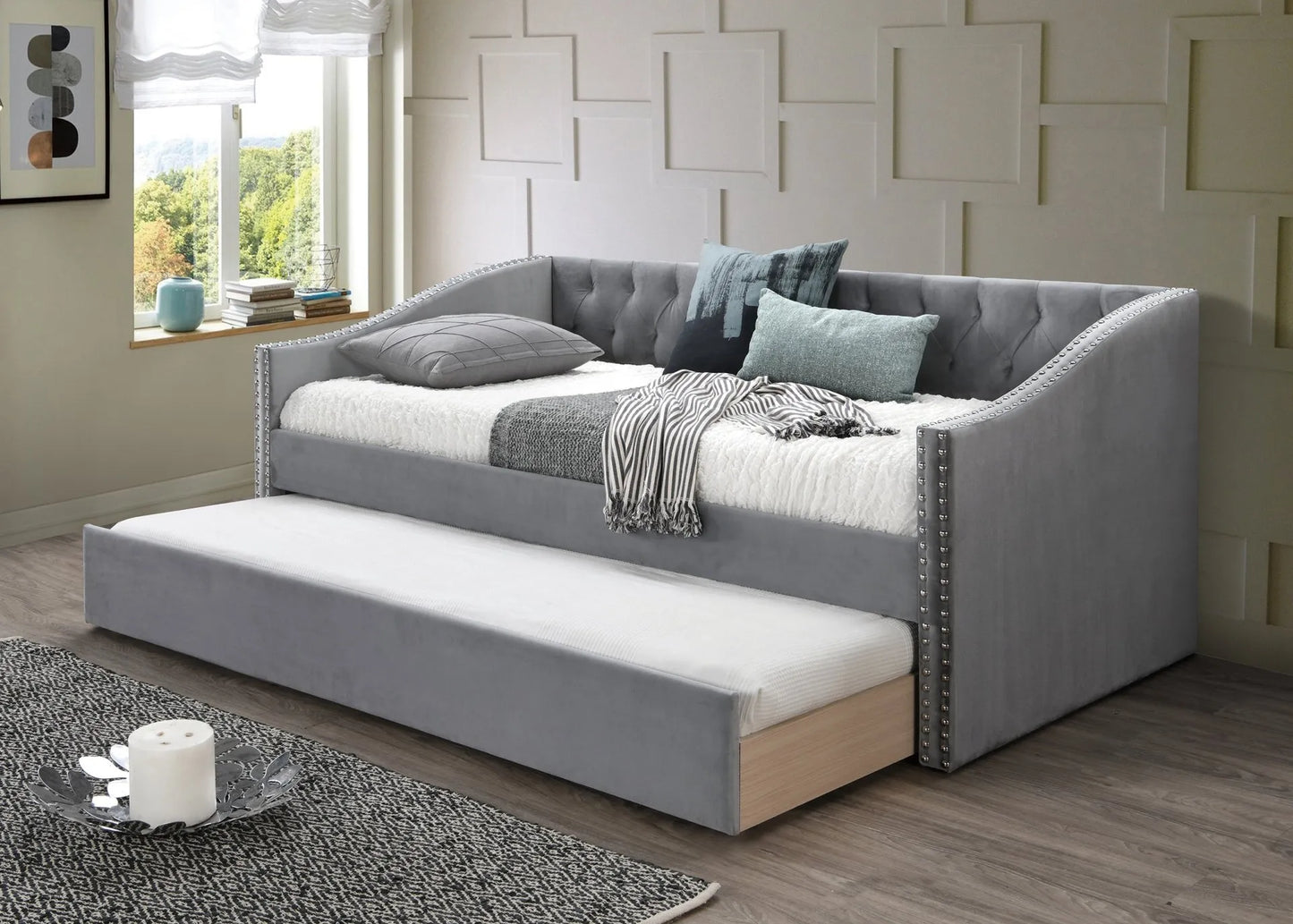 grey fabric day bed