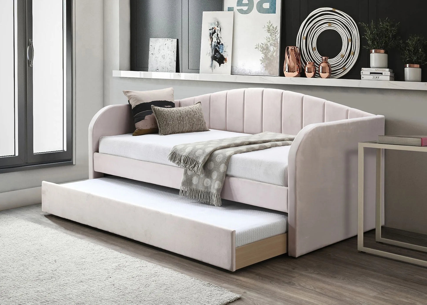 pink fabric day bed