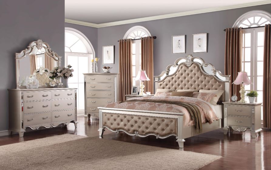 beige and silver wooden bedroom set