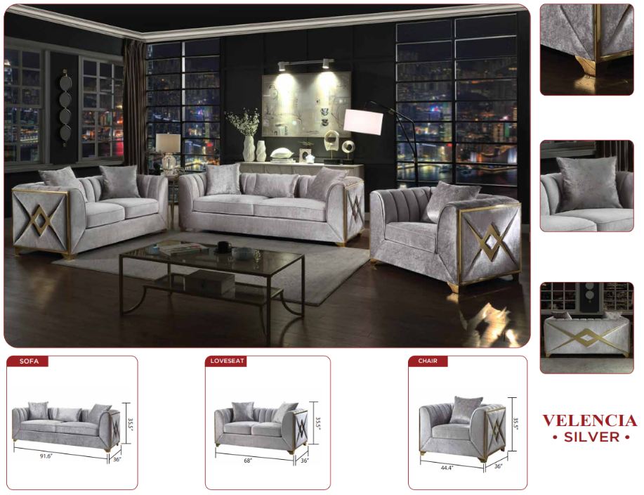silver fabric sofa set