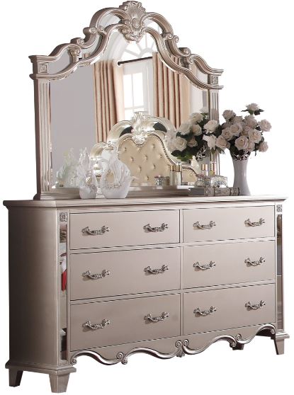 beige and silver dresser and mirror