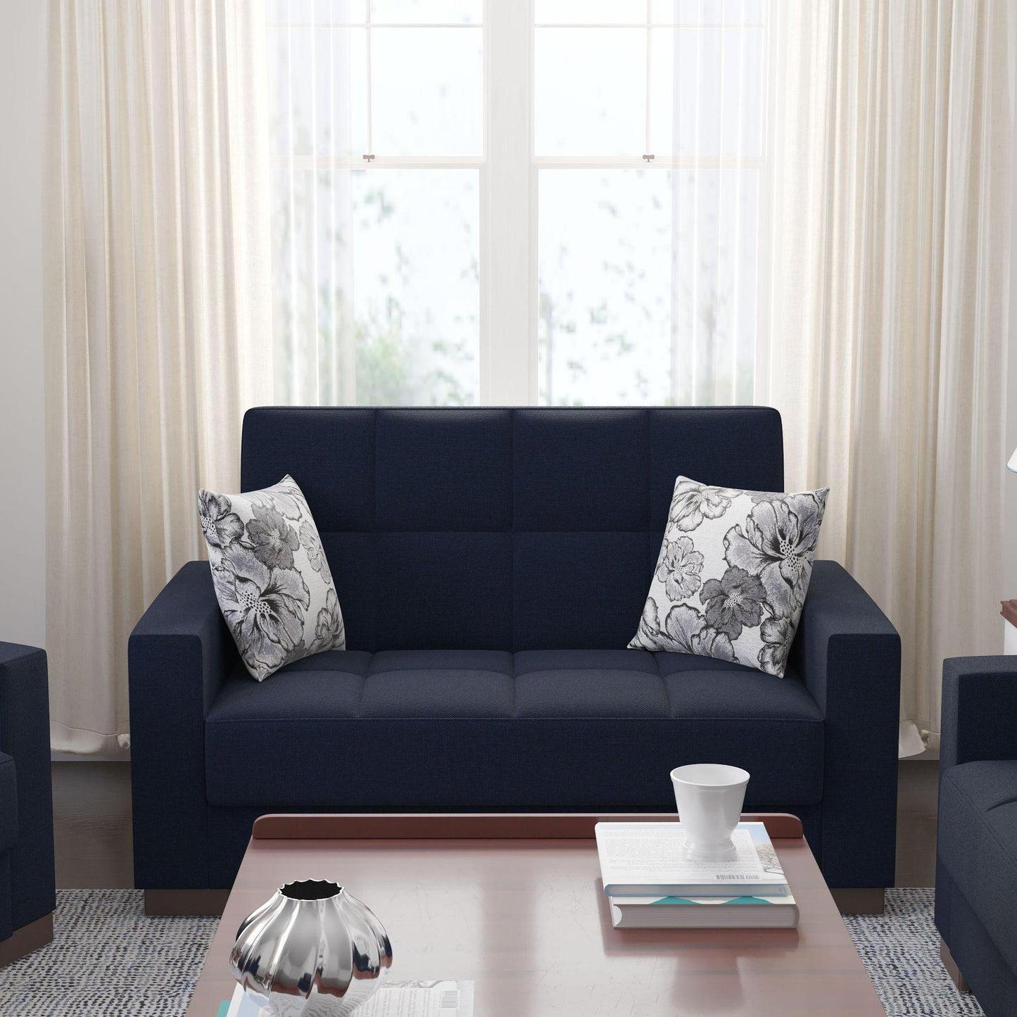 blue fabric love seat