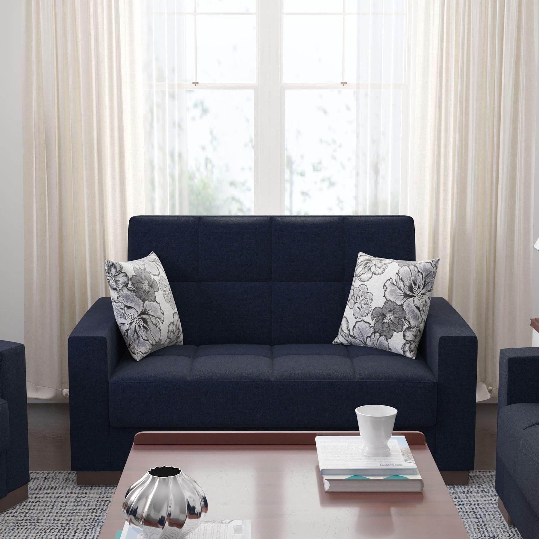 blue fabric love seat