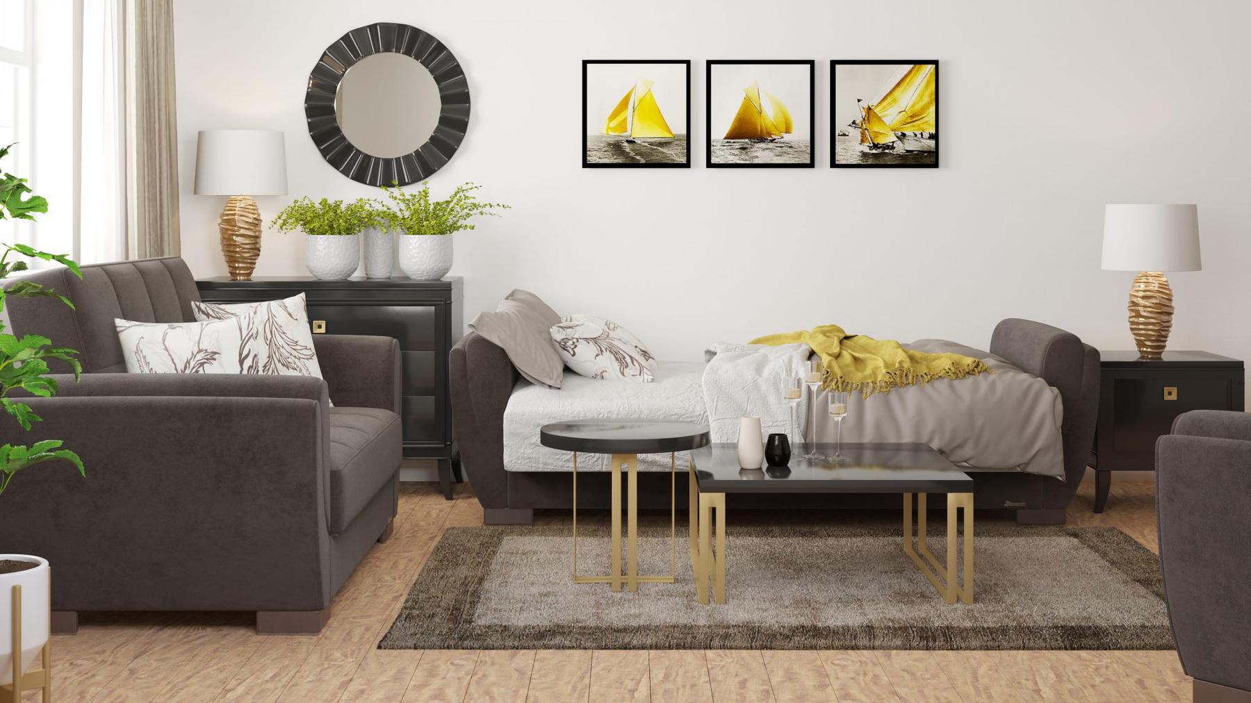 brown fabric sofa bed