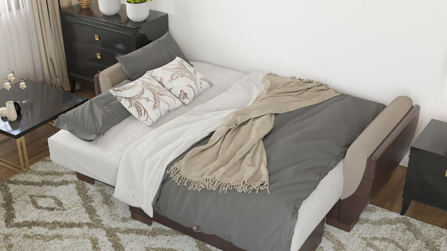 beige fabric sofa cum bed