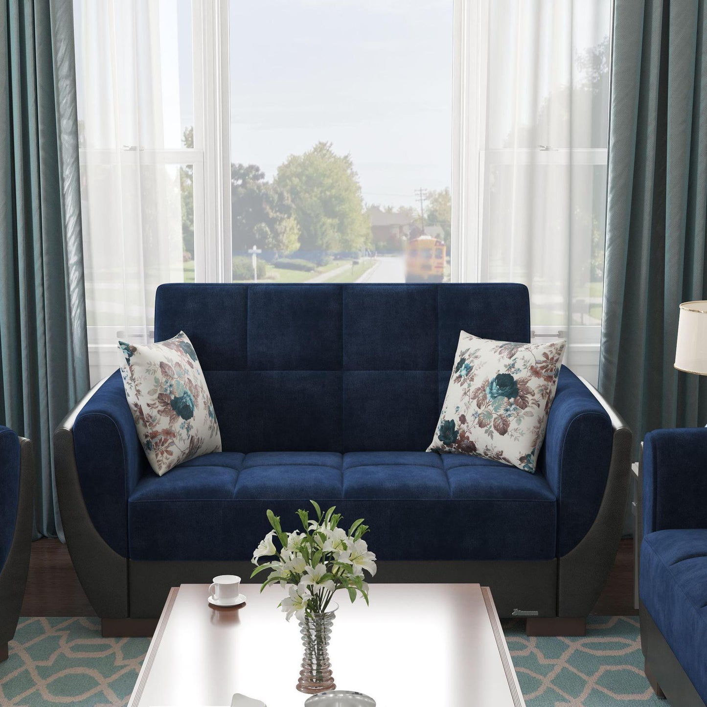 blue fabric love seat