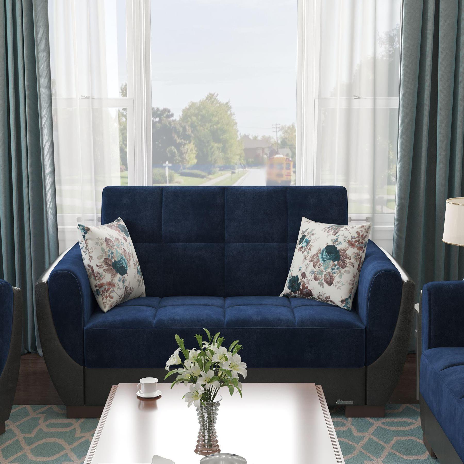 blue fabric love seat