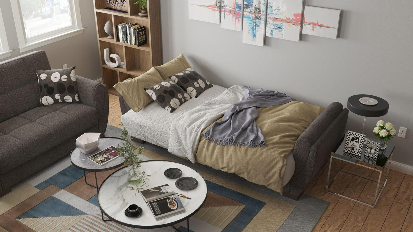 brown fabric sofa bed