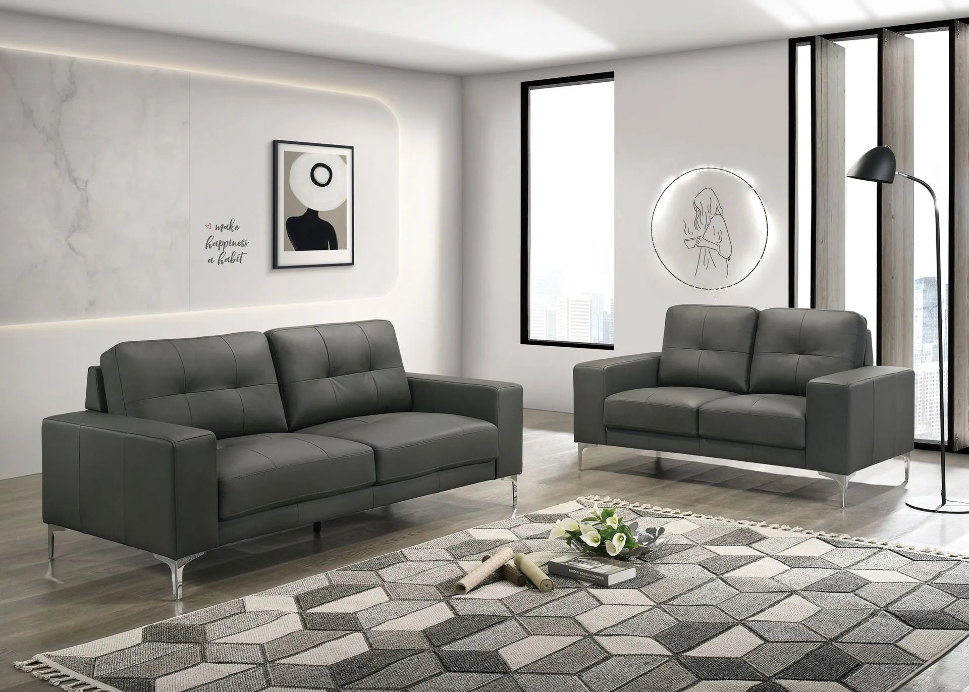 Anthracite leather sofa set