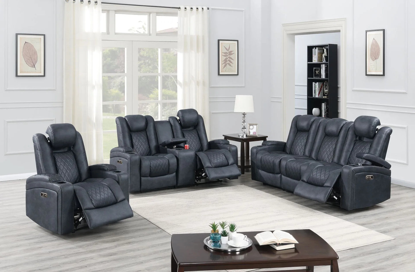 ink blue leather recliner sofa set