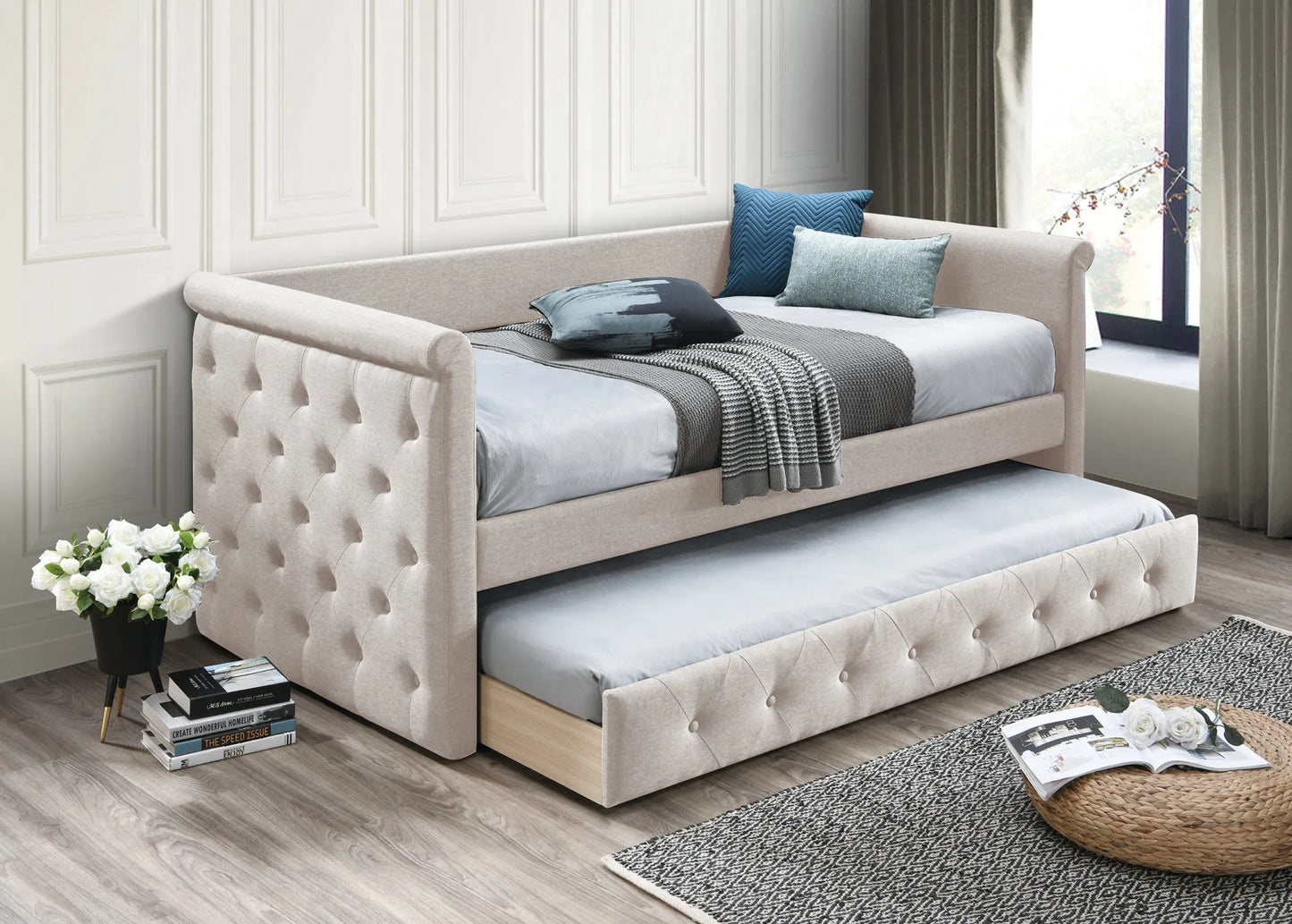 light brown fabric day bed