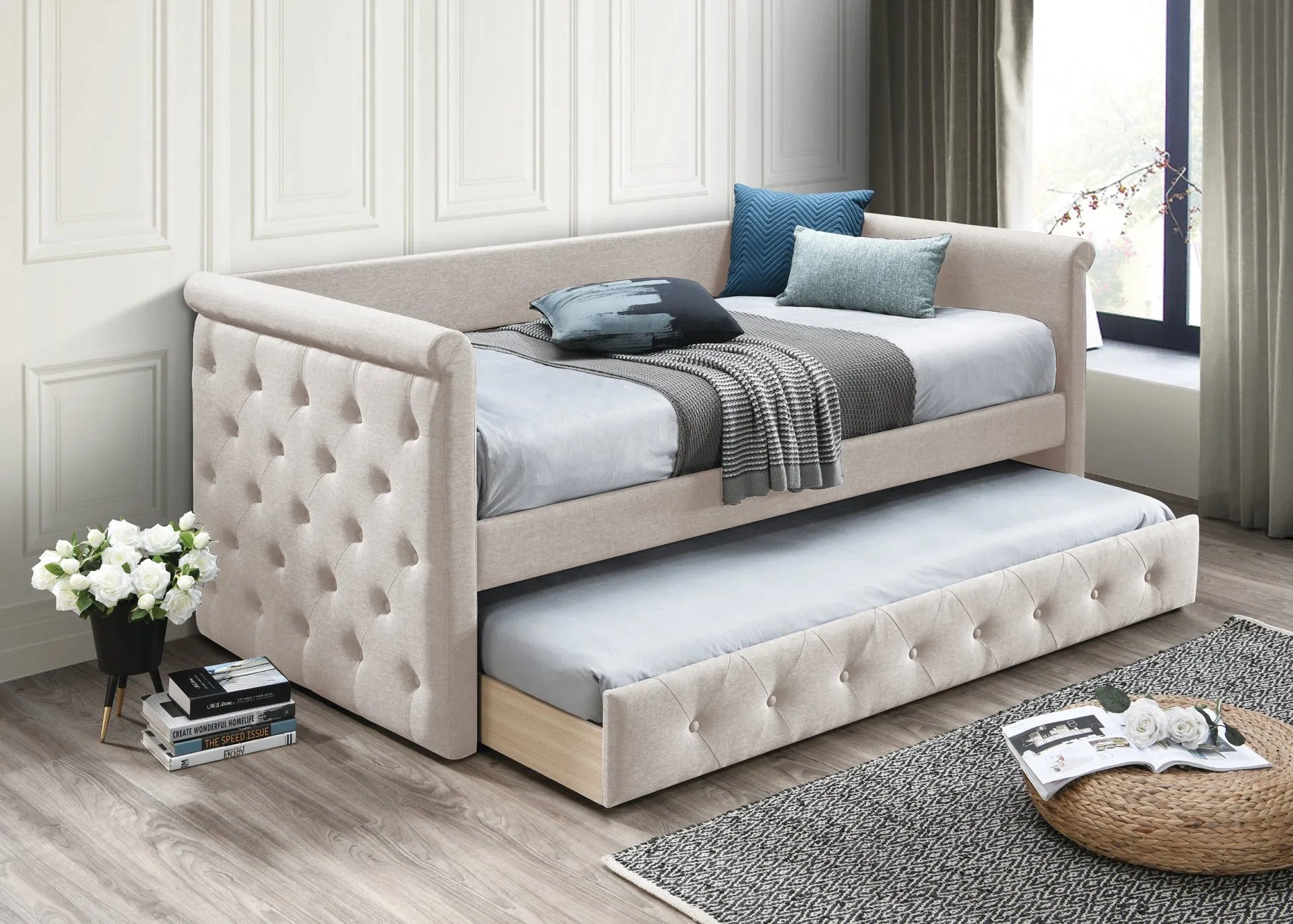 light brown fabric day bed
